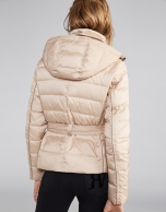 Beige quilted ski jacket with belt