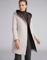 Coffee-colored, reversible quilted long parka