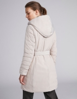 Coffee-colored, reversible quilted long parka