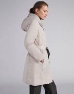 Coffee-colored, reversible quilted long parka