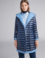 Navy blue reversible quilted long parka