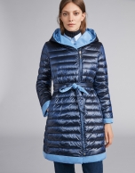 Navy blue reversible quilted long parka