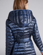 Navy blue reversible quilted long parka