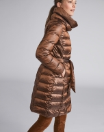 Coffee-colored long ski jacket with belt