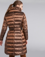 Coffee-colored long ski jacket with belt