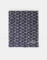 Navy blue wool foulard with gray print