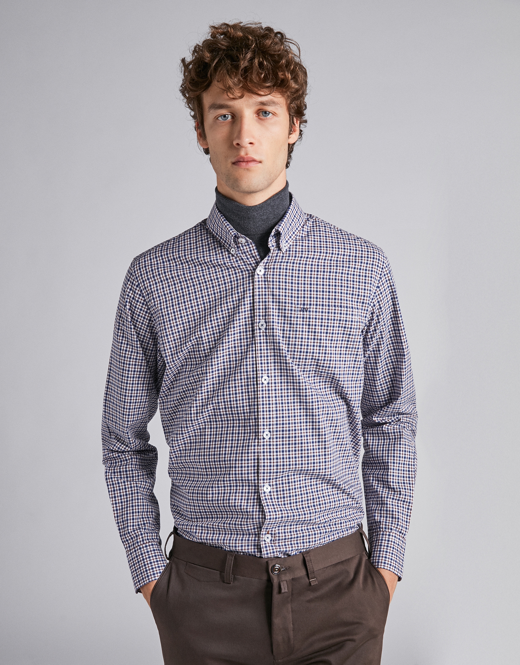 Brown/navy blue checked sport shirt