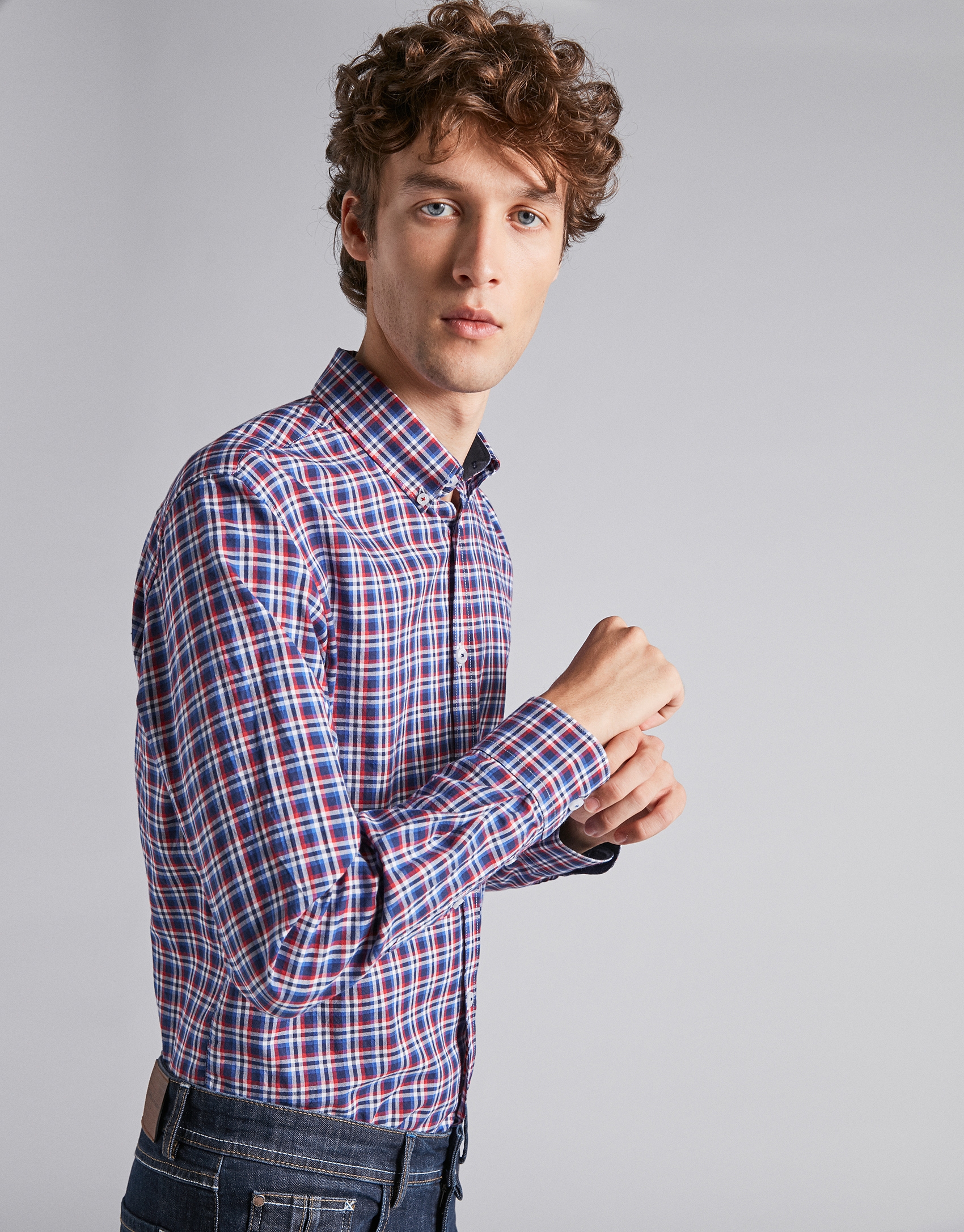 Blue/dark red checked sport shirt