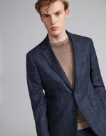 Navy blue checked suit jacket with brown lines