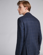 Navy blue checked suit jacket with brown lines