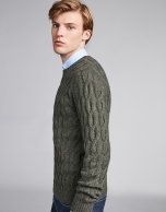 Khaki green melange sweater with cable-stitching