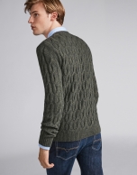 Khaki green melange sweater with cable-stitching