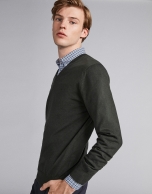 Khaki green wool V-neck sweater