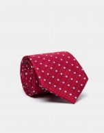 Corbata de seda roja con círculos en tonos azul/gris perla