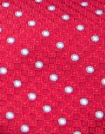 Red silk tie with blue/pearl gray circles