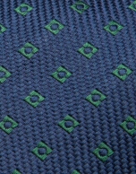 Navy blue silk tie with green geometric jacquard 