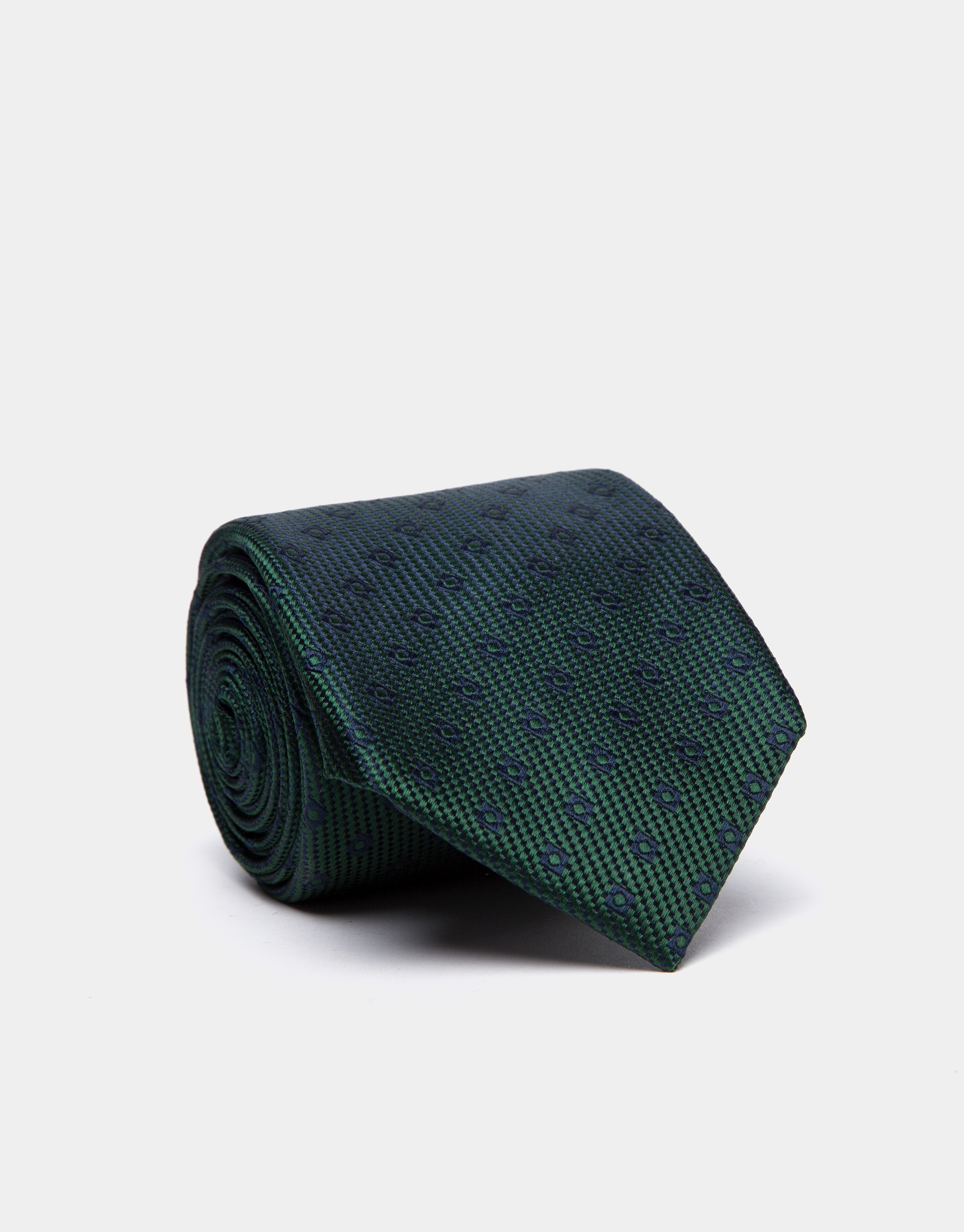 Green silk tie with navy blue geometric checked jacquard