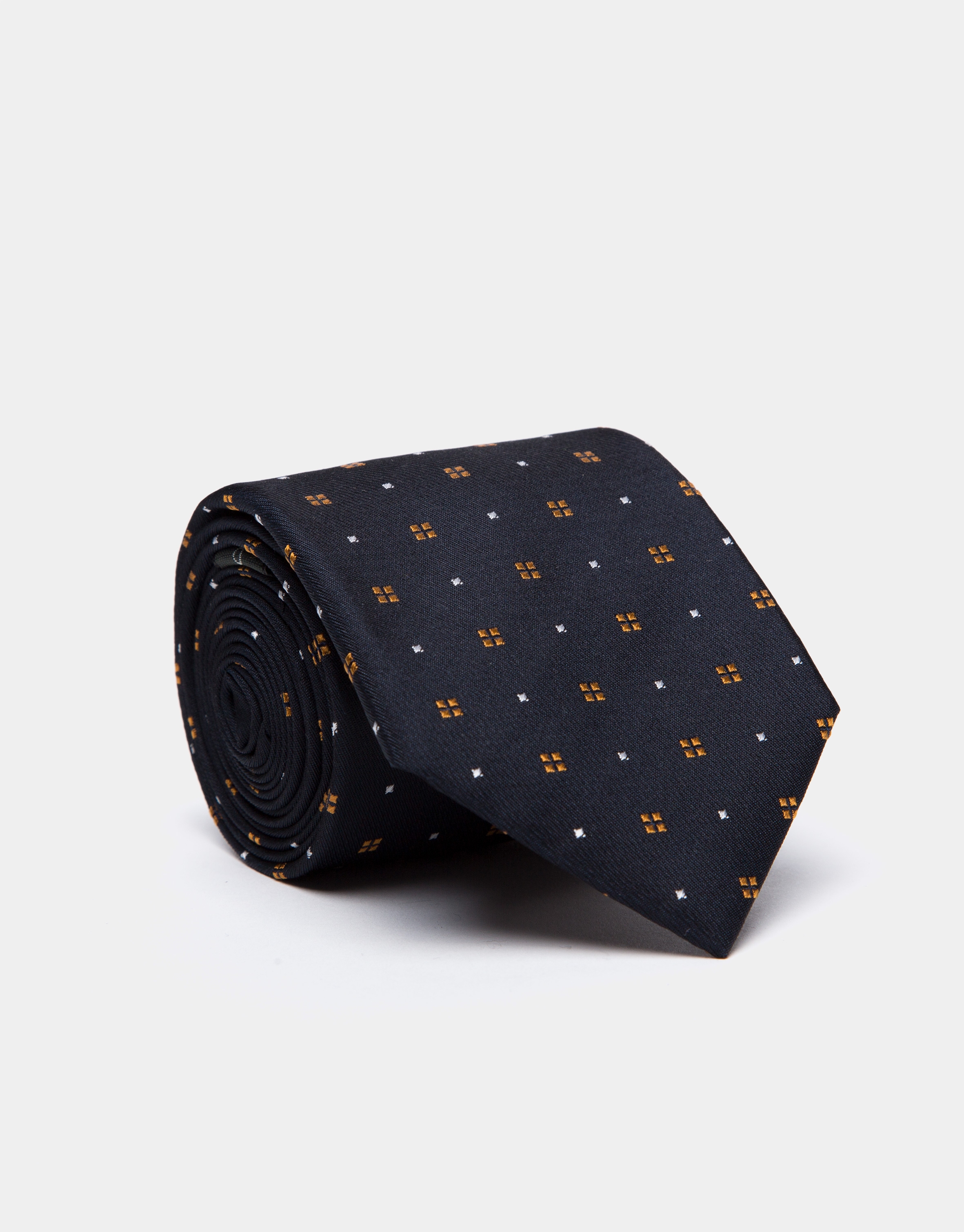 Dark blue silk tie with gold/beige geometric jacquard