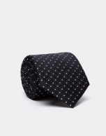 Black silk tie with silver geometric jacquard