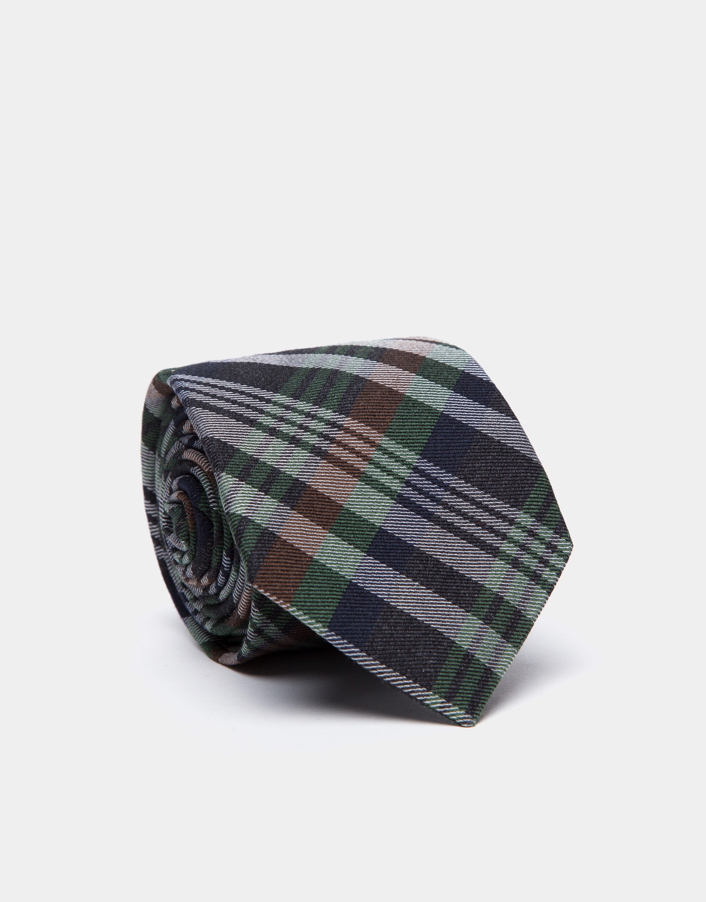 Navy blue/green/brown/beige checked silk and wool tie