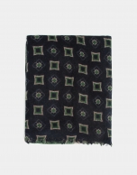 Navy blue, green and mink paneled print foulard