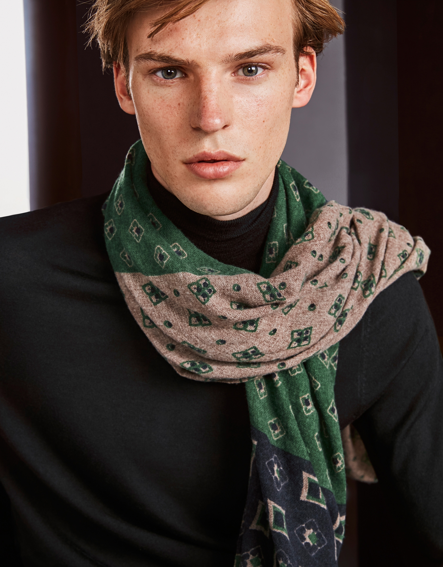 Navy blue, green and mink paneled print foulard