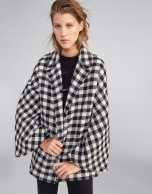 Black and white checked wool cape coat