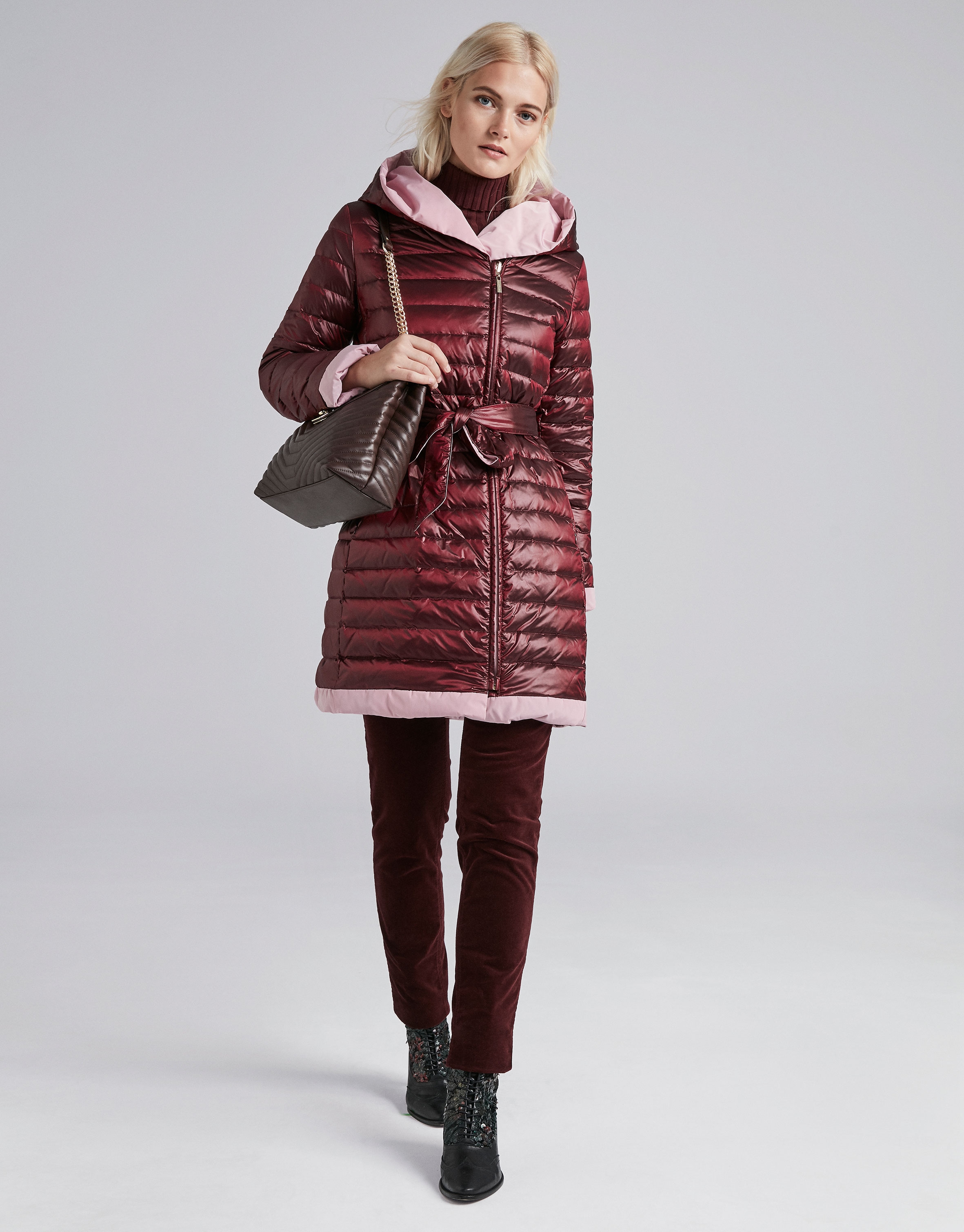 Burgundy reversible quilted long parka