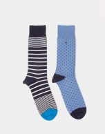 Pack of blue socks with stripes and dots