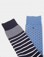 Pack of blue socks with stripes and dots