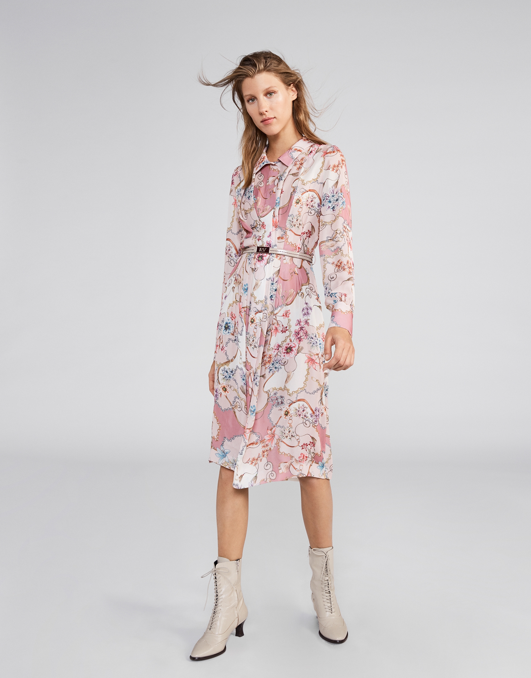 Floral shirtwaist dress with pink chains