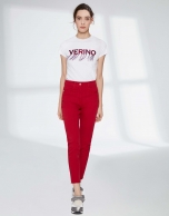 Crimson pants with fringe hem