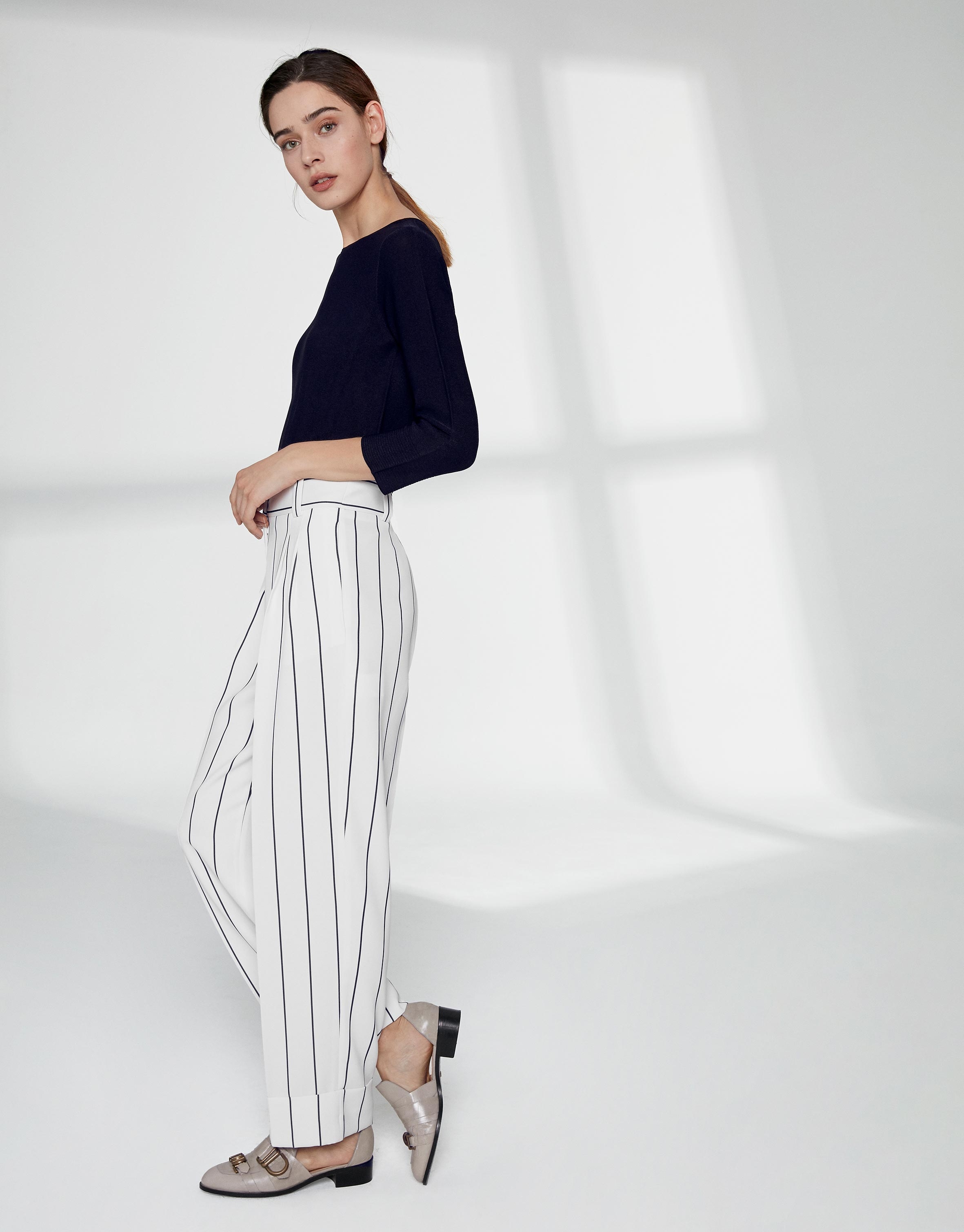 White pinstripe straight pants