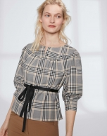 Checked blouse with boat neck and belt