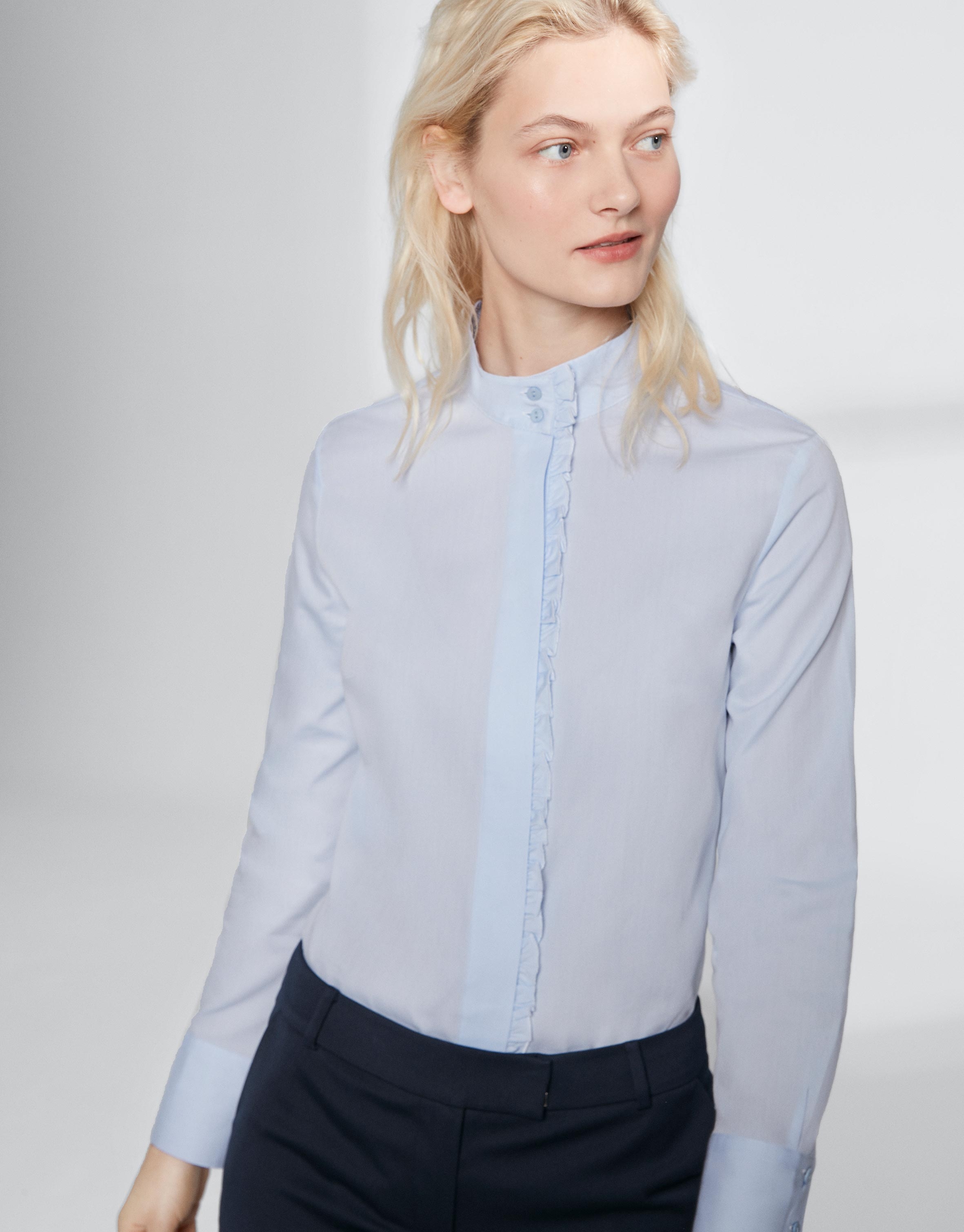 Ultramarine blue shirt with mao collar and flounce