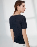 Navy blue top with an embossed fabric