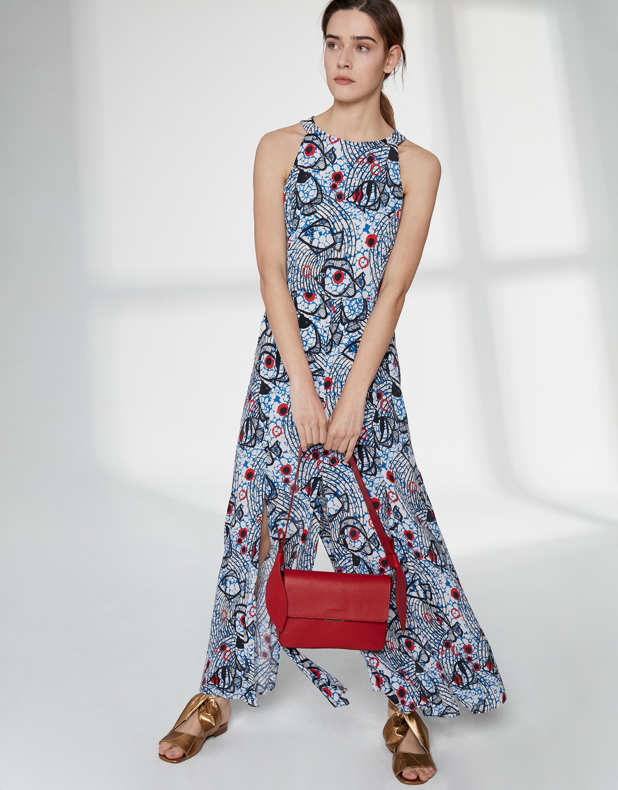 Blue and red print flowing long dress