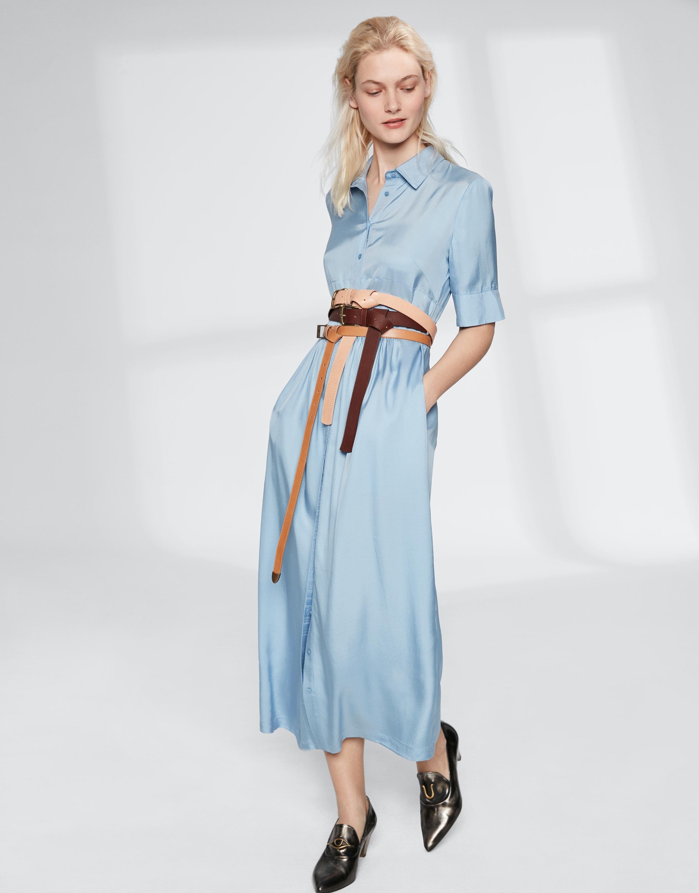 Long blue flowing shirtwaist dress