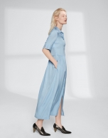 Long blue flowing shirtwaist dress