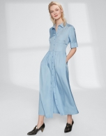 Long blue flowing shirtwaist dress