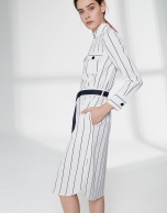 White shirtwaist dress with blue stripes