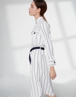 White shirtwaist dress with blue stripes