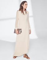 Sandy-colored dress with asymmetric hem