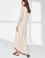 Sandy-colored dress with asymmetric hem