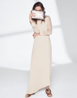 Sandy-colored dress with asymmetric hem