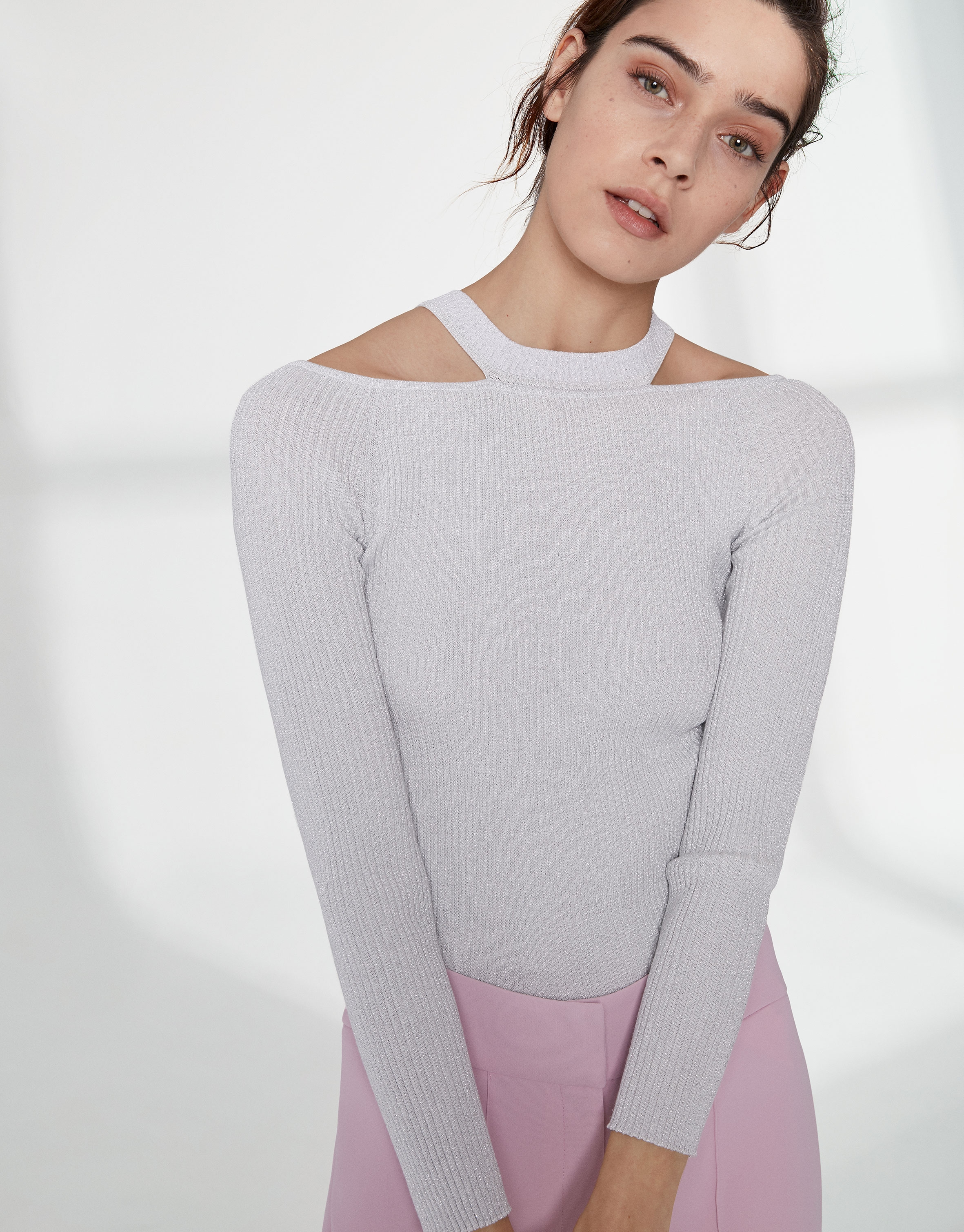 Silver lurex sweater with double neckline