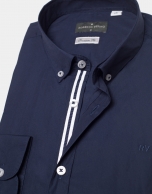 Blue marine poplin shirt with striped ribbon