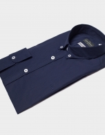 Blue marine poplin shirt with striped ribbon