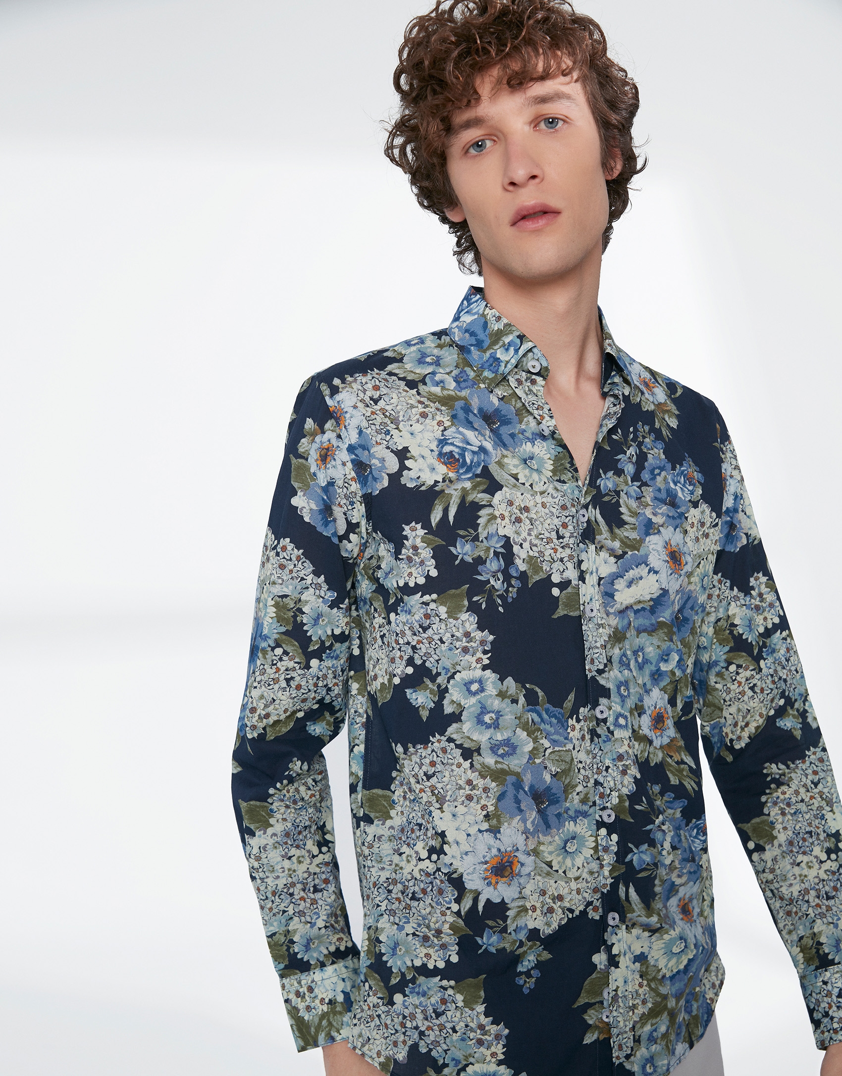 Blue and khaki floral print sport shirt