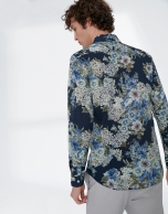 Blue and khaki floral print sport shirt